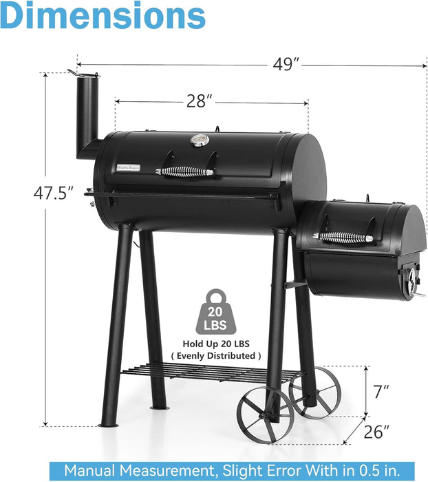 Offset Smoker Charcoal Grills with 28 Inch Cook Chamber, Barrel Smoker and Charcoal Grill Combo, 512 Sq. In. Space Barrel Smoker Grill for Outdoor BBQ Patio Backyard Cooking