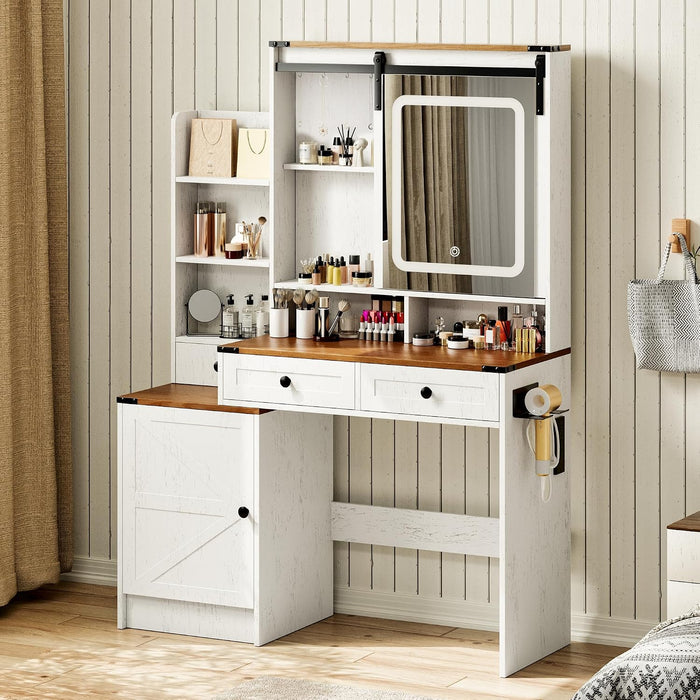 Brown Vanity Table with LED Lighted Mirror, White Dressing Desk with Storage Drawers & Built-In Charging Station, 3 Adjustable Light Modes for Bedroom Vanity Area (041 Brown)