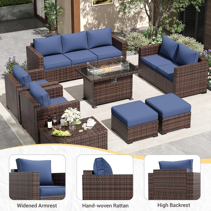 Outdoor Patio Furniture Sets, 10 Pieces Wicker Patio Furniture, Outdoor Sectional Patio Couch Set with Ottoman, Outdoor Conversation Set with 44" Gas Fire Pit (Navy)