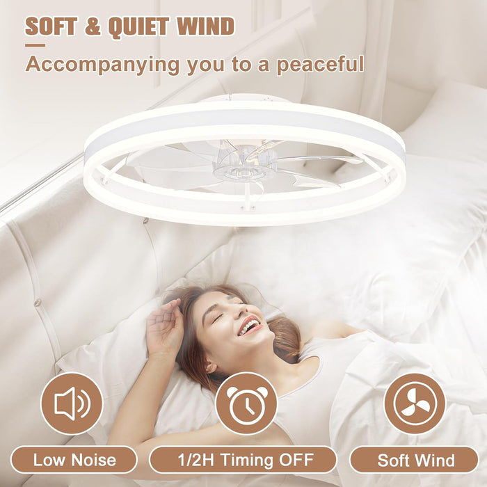 Low Profile Ceiling Fans with Lights and Remote, 23.6In Flush Mount Ceiling Fans with Light, 3000K-6500K Dimmable Fandelier LED Fan Light, White Bladeless Ceiling Fans with Lights for Bedroom