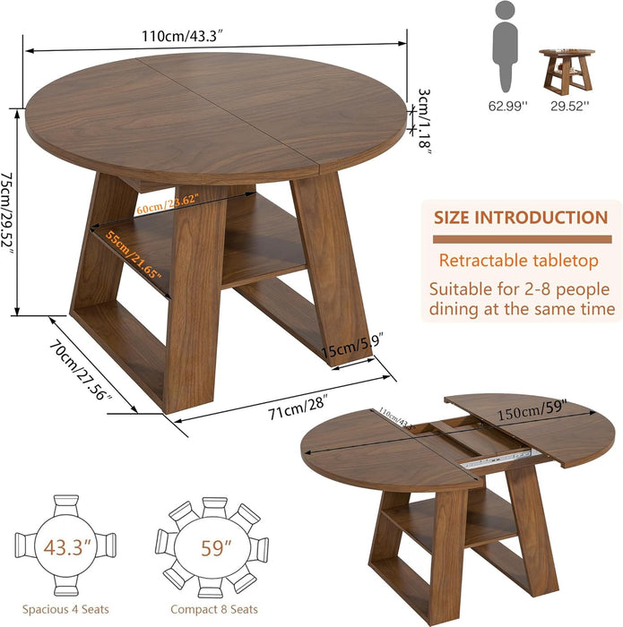 Extendable Round Dining Table 43.3-59 Inches Walnut