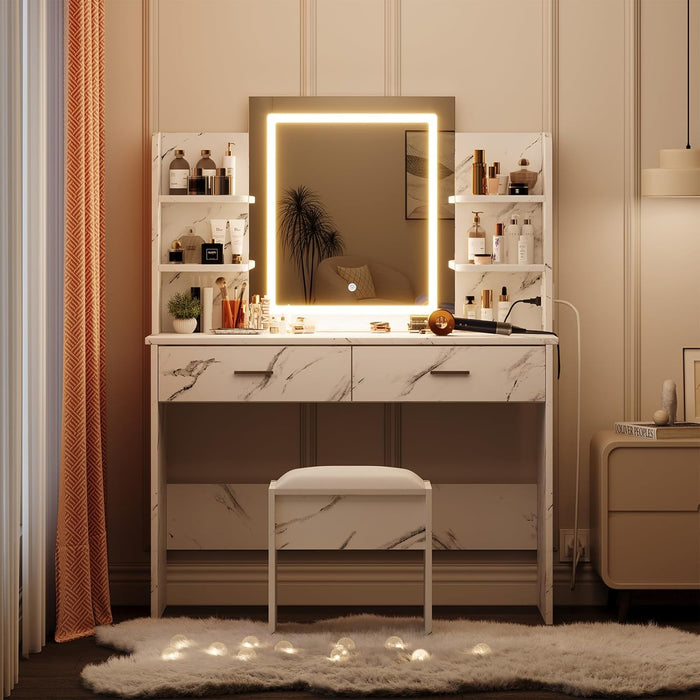 Vanity Desk with Lights | Tri-Mode LED Lighted Mirror & Charging Station | Makeup Vanity Set with 6 Shelves, 2 Drawers, Soft Cushion Stool | Dimmable Vanity Desk for Bedroom (Marble White)