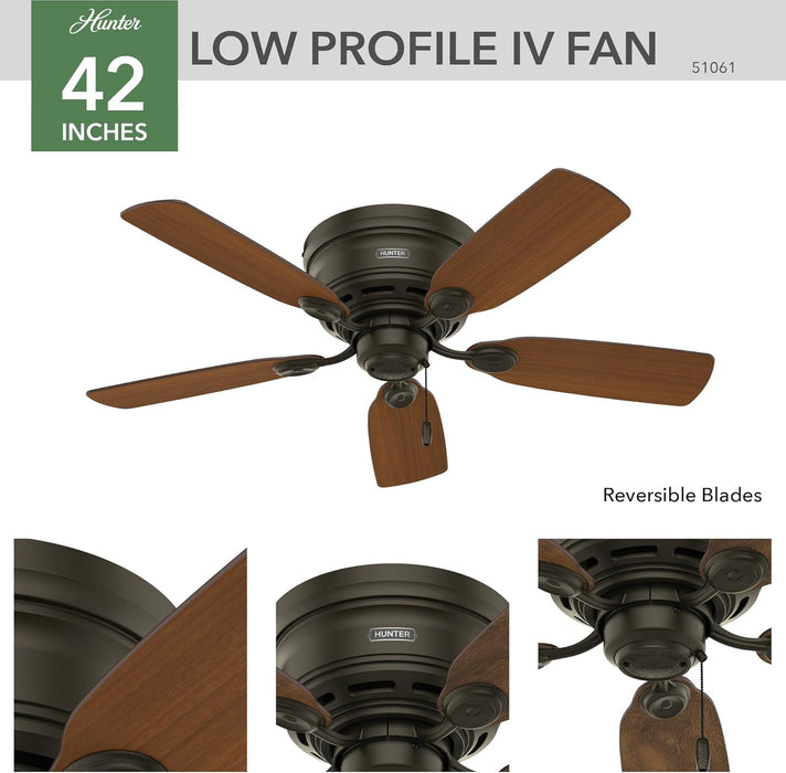 42 Inch Indoor Ceiling Fan No Light - Bronze Ceiling Fan without Light, Low Profile Flush Mount, 5 Blades, for Bedroom, Living Room, or Kitchen, Pull Chain - Low Profile IV 51061, New Bronze