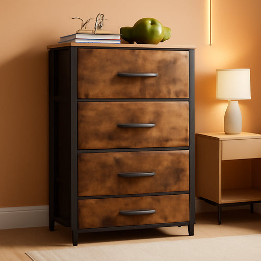 Dresser for Bedroom with 4 Storage Drawers, Small Dresser Chest of Drawers Fabric Dresser with Sturdy Steel Frame, Dresser for Closet with Wood Top, Vintage