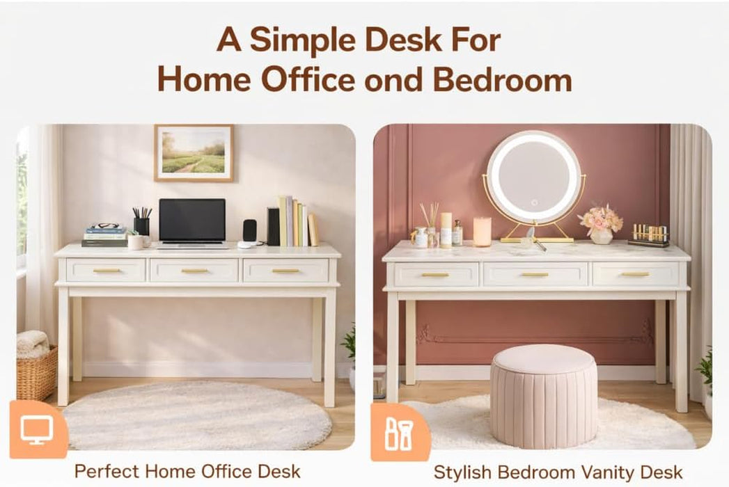 Cream White Vanity Desk with 3 Drawers, Makeup Table/Writing Desk, Modern Dressing Table for Bedroom, 47.24" Wide, No Mirror Included