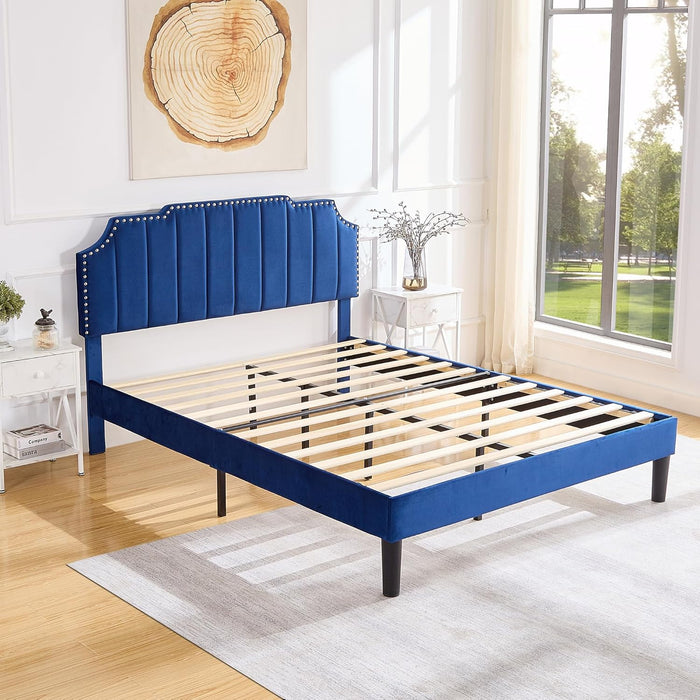 Full Upholstered Platform Bed Frame with Tufted Adjustable Headboard/Mattress Foundation/Wood Slat Support,Easy Assembly,Navy Blue