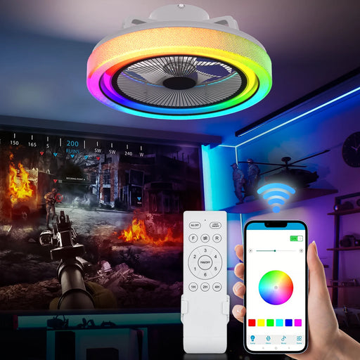 20" Low Profile Ceiling Fan with Lights and Remote, Modern Flush Mount Enclosed RGB 7-Color Ceiling Fan with Smart APP Control Music Speaker for Bedroom Living Room Party, Black