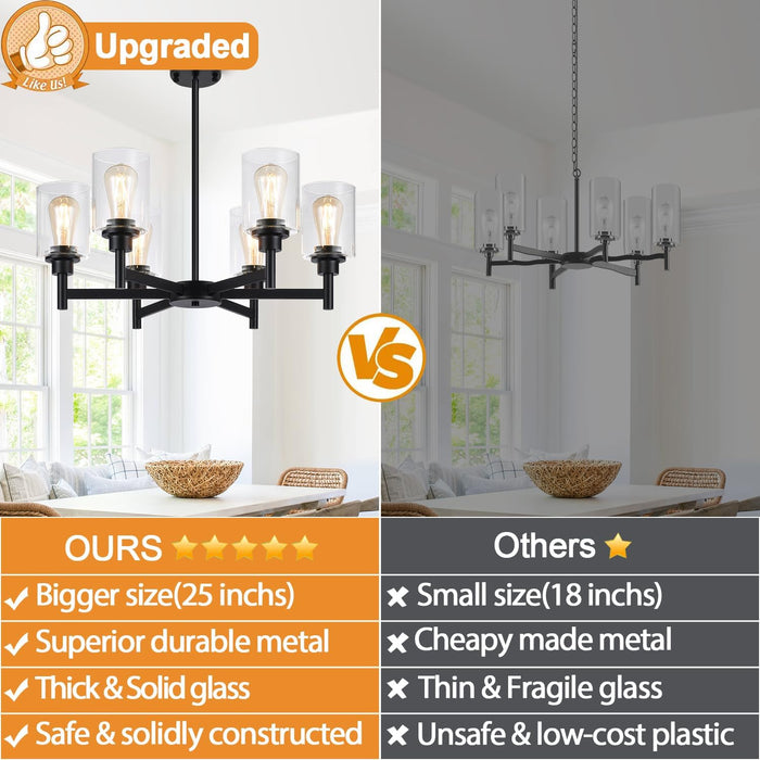 Black Chandeliers, 6 Light Dining Room Light Fixtures over Table, Farmhouse Chandeliers for Dining Room with Clear Glass Shade for Kitchen Island Living Room Bedroom Bathroom, Height Adjustable