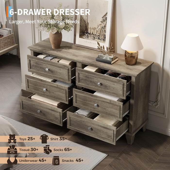 Dresser for Bedroom, 6 Drawer Wide Dresser Storage Organizer, Modern Wooden Chest of Drawers with Metal Handles for Hallway, Entryway, Home Office, Grey