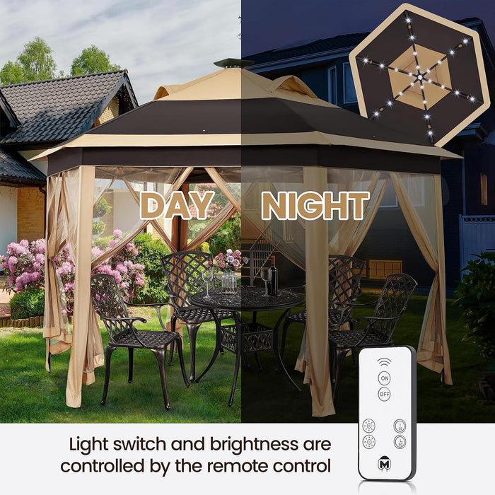 Yaheetech 13×13 Pop-Up Patio Gazebo Tent W/Mesh Netting Sides & 25 Solar LED Lights, Hexagonal Double Vented 3 Height Adjustable Gazebo with Storage Bag for Backyard, Garden, Lawn, Khaki & Brown