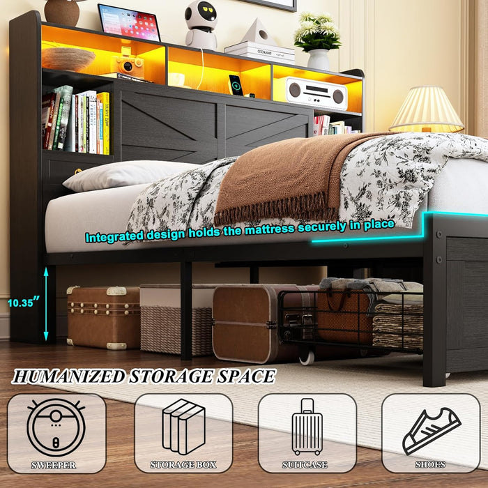 Queen Bed Frame with Storage Headboard, Farmhouse Platform Bed Frame with Bookshelf, Drawers, LED Lights and Charging Station, Metal Slats Support, Noise Free, No Box Spring Needed, Black