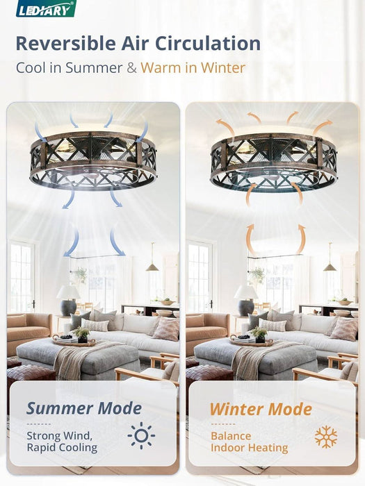 20" Caged Ceiling Fan with Light, App&Remote Control, Small Flush Mount Farmhouse Fan Lights, Low Profile Rustic Bladeless Ceiling Fan Fixtures for Bedroom, Kitchen-Black Gold Color