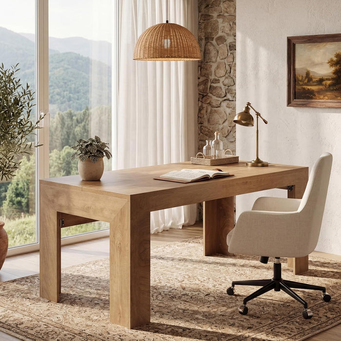 63-Inch Office Desk, Modern Executive Desk with Large Tabletop, Wooden Computer Desk, Long Workstation for Home Office, Light Brown