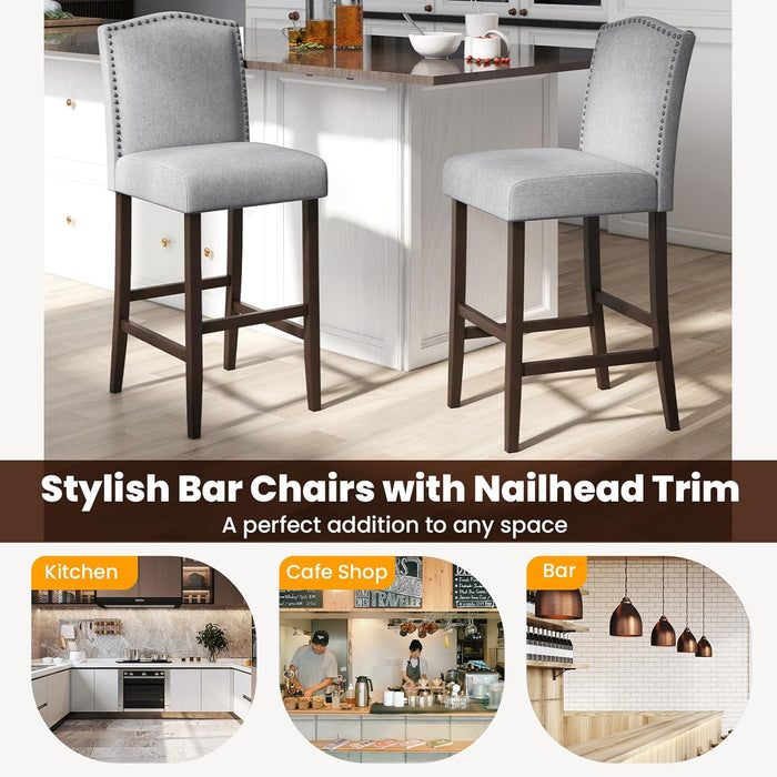 30" Bar Stools Set of 2, Upholstered Bar Height Bar Chairs with Back & Rubber Wood Legs, Antique Nailhead Trim, Modern Linen Fabric Barstools for Kitchen Island, Counter, Cafe, Pub, Grey