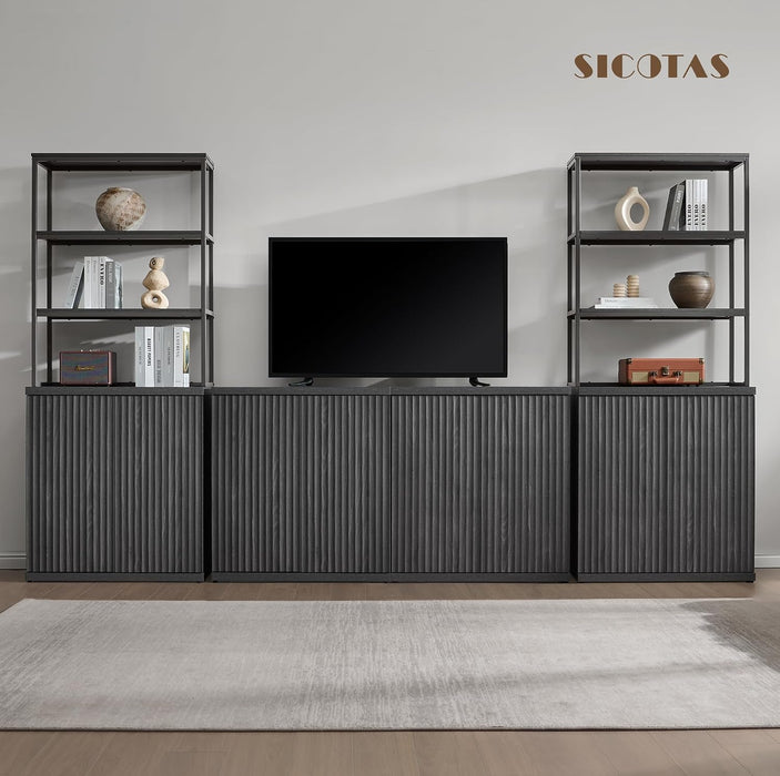 Fluted Book Shelf with Doors 75" Tall Bookshelf with Storage | 6 Tier Large Bookcase with Bottom Cabinet - Modern Metal Book Case for Living Room, Home Office, Kitchen, 3 Pieces