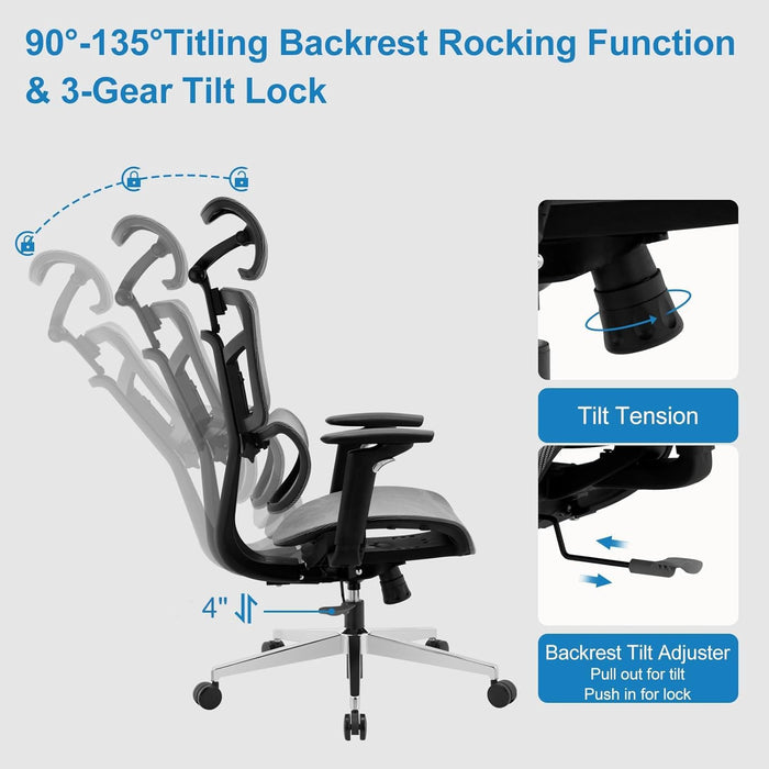 Ergonomic Office Chair, High Back Mesh Home Office Desk Chair with Adjustable Backrest & Lumbar & Wide Cushion, Big Tall Computer Task Chair with Adjustable Armrests & 90°-135° Tlit
