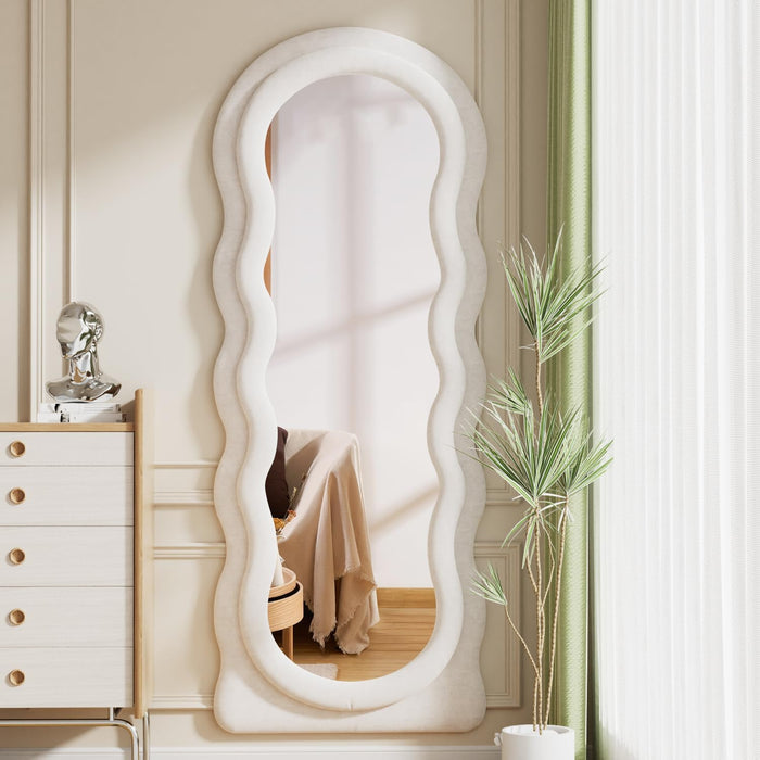Full Length Mirror, 63"X24" Wavy Floor Mirror, Arched Standing Mirrors Full Length, Cloud Shaped Flannel Wall Mirror, Dressing Body Mirrors Hanging or Leaning against Wall for Bedroom (White)