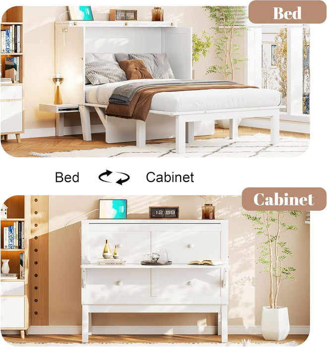 Full Size Murphy Bed, Bed with USB Port and Removable Shelves on Each Side,White