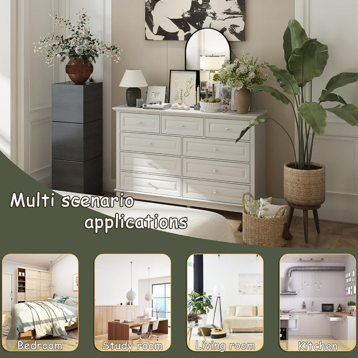 9 Drawer Dresser for Bedroom, White Dresser with Rubberwood Legs