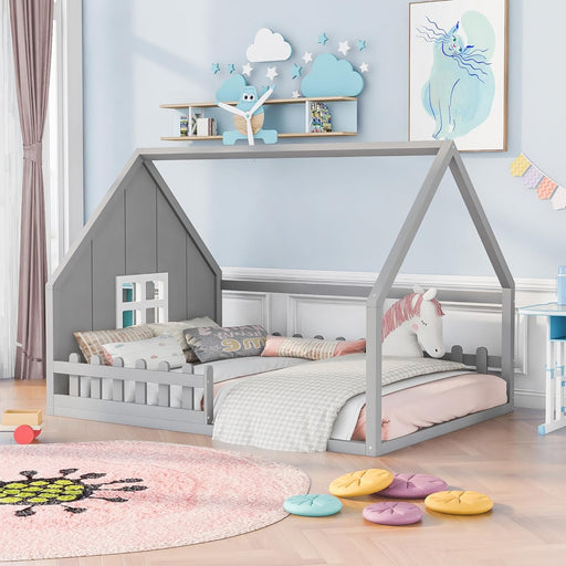 House Bed Full Size Floor Bed with Fence Railings and Window, Wooden Montessori Floor Bed, Full Size Bed Frame for Kids, Fun Playhouse Beds for Girls Boys, Gray