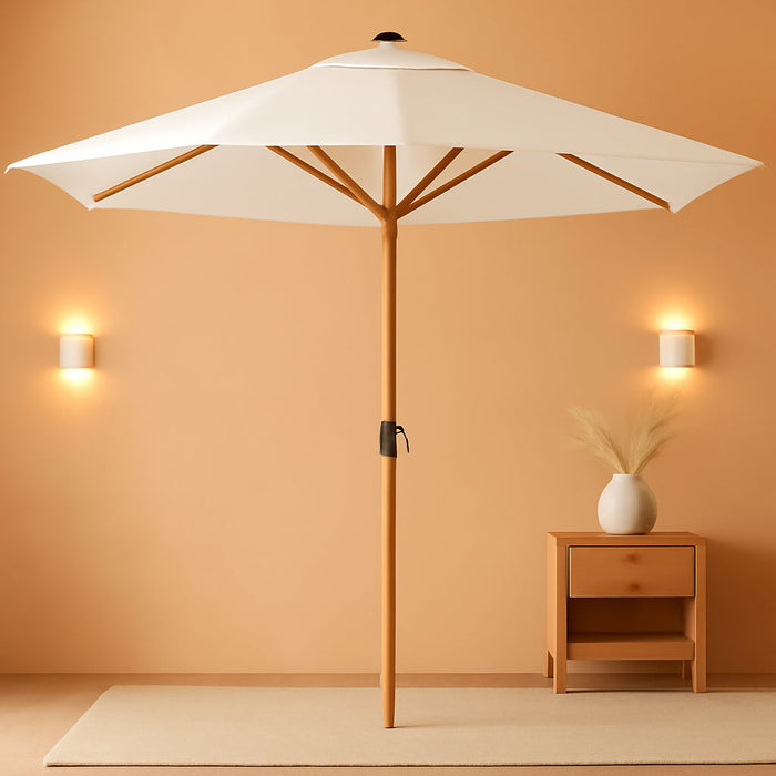 9Ft Deep Square Solar Powered LED Lighted Patio Umbrella W/Woodgrain Pattern, Uv-Resistant Fabric, Hand Crank - Ivory