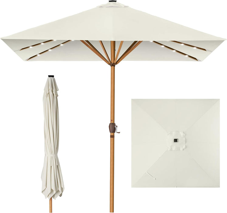 9Ft Deep Square Solar Powered LED Lighted Patio Umbrella W/Woodgrain Pattern, Uv-Resistant Fabric, Hand Crank - Ivory
