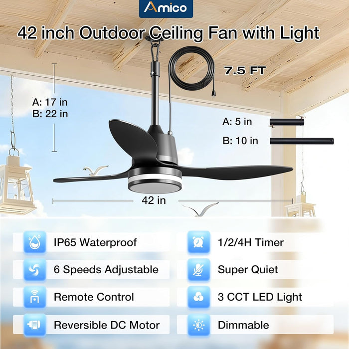 42 Inch Outdoor Ceiling Fans with Lights for Patios, IP65 Waterproof Gazebo Fan Remote Control,3Cct, 6 Speeds, Hook Hanging Plug in Ceiling Fan for Patio Porch Pergola Garage Canopy (Black)