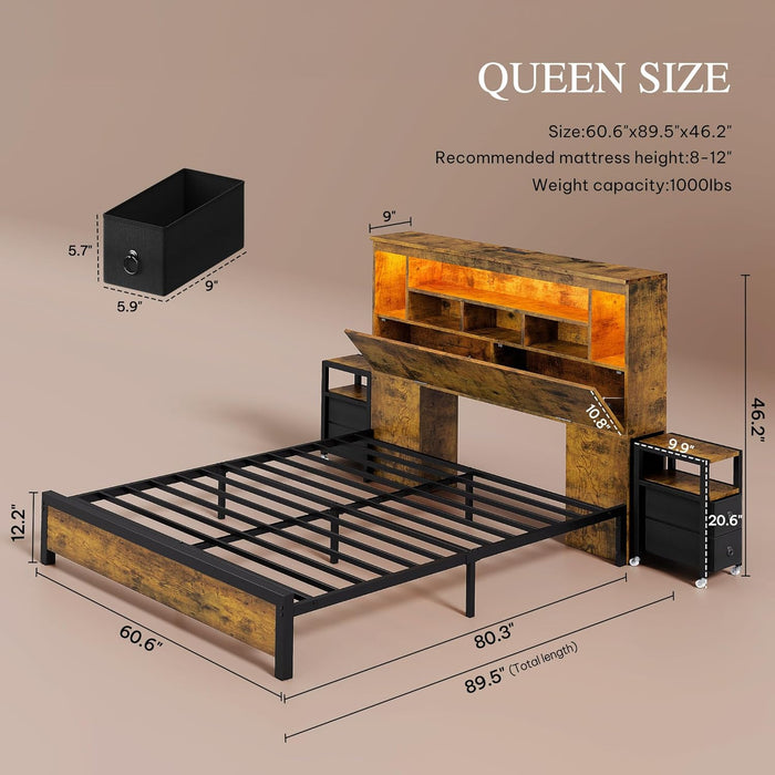 Queen Size Bed Frame with Storage Bookcase Headboard & RGB LED Lights, Slide Out Bedside Storage, Charging Station, Heavy Duty Metal Slats, No Box Spring Needed, Noise-Free, Rustic Brown