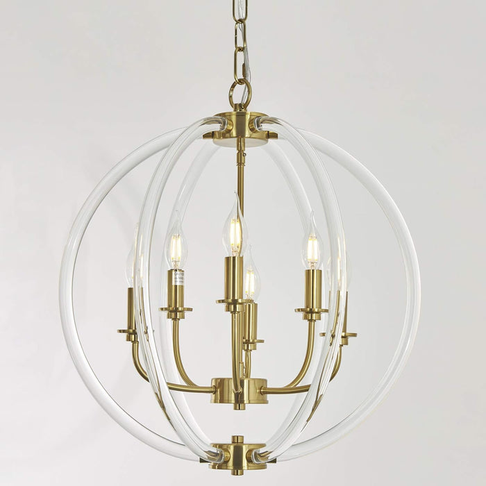Six Globular Pendant Chandelier Acrylic Brass Finish