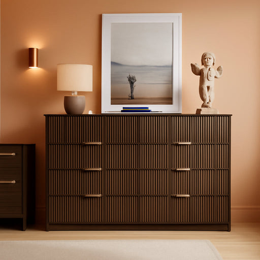 Walnut Dresser for Bedroom, Modern Dresser with 8 Drawers and Smooth Slides, Wide Chest of Drawers with Golden Handles for Bedroom, Closet, 15.7" D X 55" W X 37.4" H