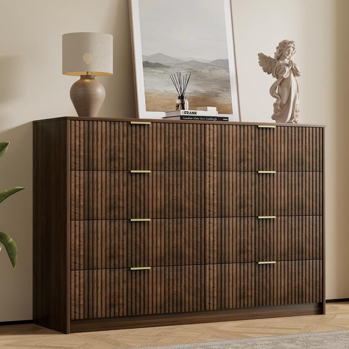 Walnut Dresser for Bedroom, Modern Dresser with 8 Drawers and Smooth Slides, Wide Chest of Drawers with Golden Handles for Bedroom, Closet, 15.7" D X 55" W X 37.4" H