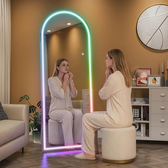 Arch Full Length Mirror 55.5 X 15.7 in with Stand — Arch LED RGB Full Body Mirror, 7 Lighting Modes, Dimmable Touch Controls, Adjustable Tilt, White Frame for Bedroom Dressing Room