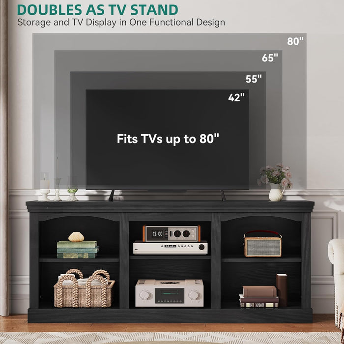 Farmhouse TV Stand with Cord Management for 75/80 Inch TV, Entertainment Center with Adjustable Shelf & Open Storage, 70" TV Console Table for Living Room (Black)