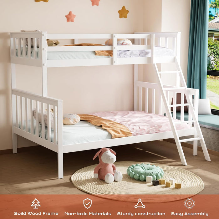 Convertible Twin over Full Bunk Bed for Kids Children Teens Adults, Solid Wood Bunk Bed Frame with Ladder and Guard Rail Space Saving Beds Frames for Bedroom (Mattress Not Included)