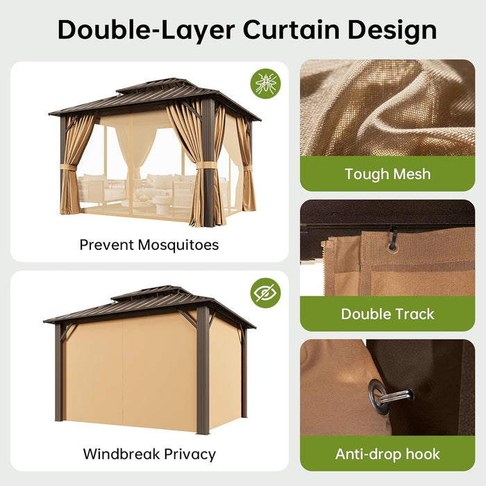 10X12Ft Hardtop Gazebo, Metal Frame with Double Galvanized Steel Roof, Permanent Outdoor Pergola with Curtains and Netting Included for Backyard, Patio, Lawn and Garden, Brown