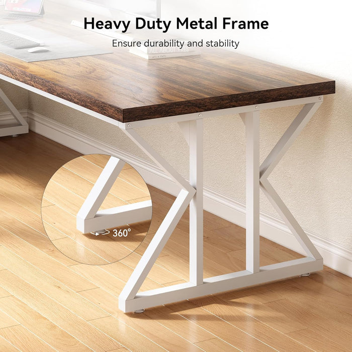 78.7 Inch Large Executive Desk, Modern Computer Office Desk, Wooden Writing Desk Study Table for Home Office, Rustic Brown-White