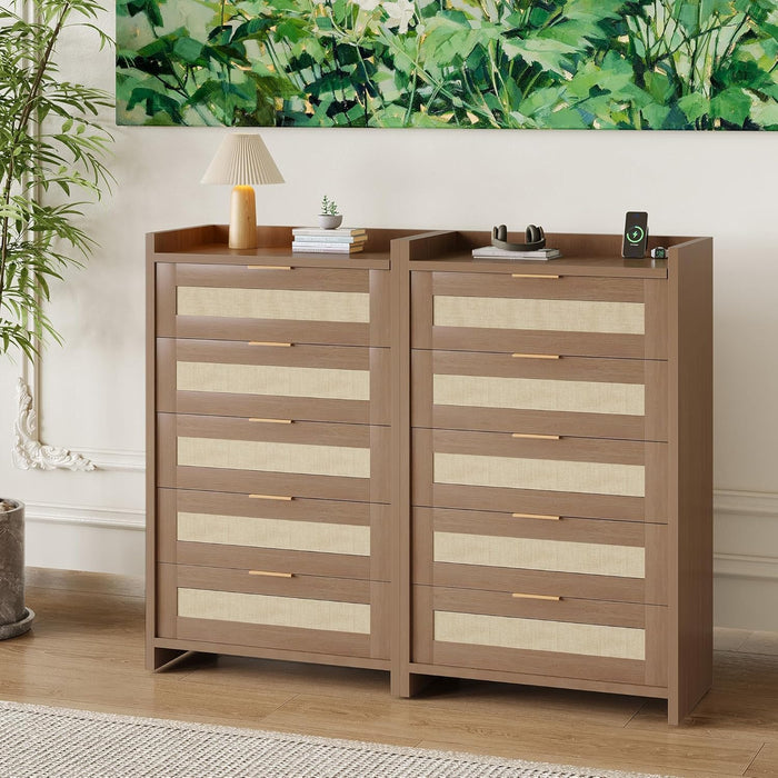 Boho Rattan Dresser 5 Drawers,46 Inch Tall Chest of Drawers for Bedroom Nursery Living Room, Modern Dresser Storage Cabinet for Nursery Living Room, Bedroom and Entryway Dark Oak