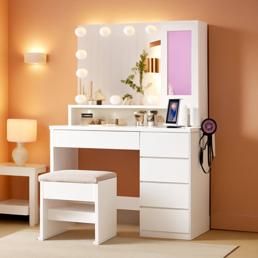 Vanity Desk with LED Lights Mirror, 35.43" Modern Makeup Table with 6 Storage Drawers & Stool for Ladies and Girls, RGB Light Makeup Desk with Power Outlet for Bedroom Dressing Room, White