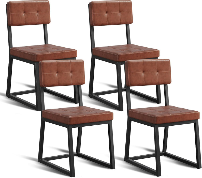Dining Chairs Set of 4 with Faux Leather Cushion Seat Backrest, Upholstered Mid Century Modern Dining Room Chair with Heavy Duty Metal Leg for Kitchen, Living Room, Restaurant, Caramel Brown