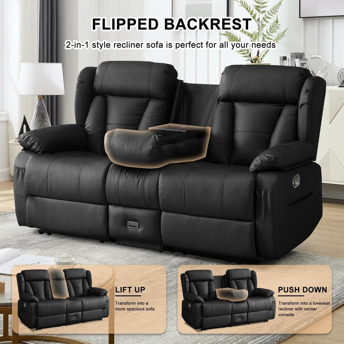 Loveseat Recliner Sofa, RV Recliner Couch, Manual Reclining Loveseat with Console for Living Room, Home Theater Seating with AC/USB C/USB and Drawer (Black, Loveseat with Console)