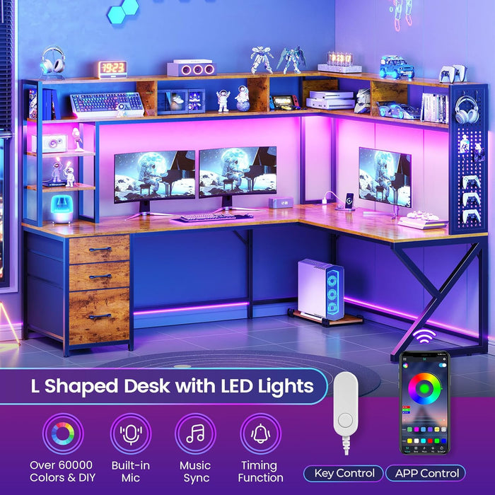 L Shaped Desk with Hutch and 3 Drawers, Convertible 94.5" Computer Desk with File Drawer, L Shaped Office Desk with Power Outlet, LED Lights, Storage and Pegboard for Home Office, Brown