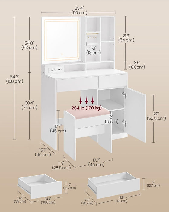 VASAGLE KAILYN Collection - 35.4-Inch Wide Vanity Desk with Mirror and Lights, Power Outlets, Vanity Table Set with Stool, Jewelry Storage, Adjustable Shelves, for Bedroom, Cloud White URDT132W02