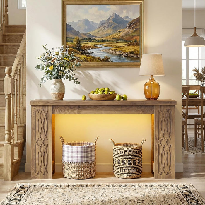 47" Console Table with Outlet, Farmhouse Entryway Table with Colorful LED Lights, Wooden Sofa Table with Unique Carved Design, Foyer Accent Table for Entrance, Hallway, Living Room Natural
