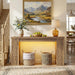 47" Console Table with Outlet, Farmhouse Entryway Table with Colorful LED Lights, Wooden Sofa Table with Unique Carved Design, Foyer Accent Table for Entrance, Hallway, Living Room Natural