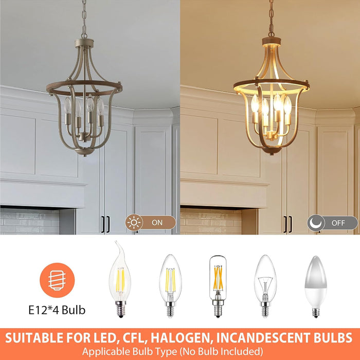 12.6" Modern Chandelier Farmhouse 4 Light Geometric Cage Pendant Hanging Lighting Fixture Adjustable Height Brushed Nickel and Wood Grain Finish for Dining Room Living Room Foyer