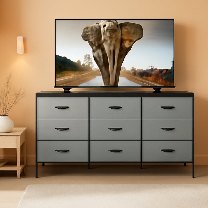 Dresser TV Stand with Drawers, Media Console Table for 60 '', TV Console with 9 Drawers for Bedroom, Entertainment Center with Sturdy Metal Frame & Wood Top, Living Room, Hallway, Grey