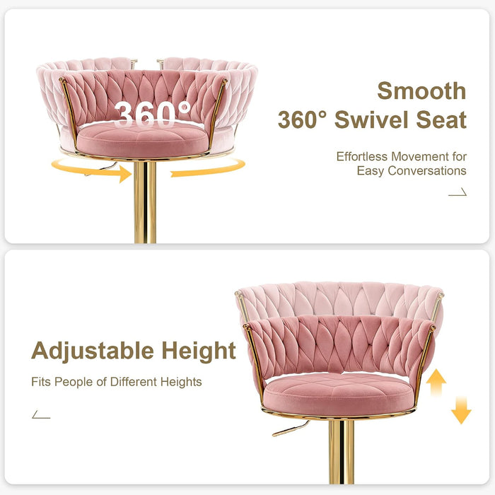 Bar Stools Set of 2, Adjustable Barstools Counter Height Stools with Back and Arm, Velvet Woven Kitchen Island Stools W/Gold Metal Leg Base, 360° Swivel Bar Chair, Pink