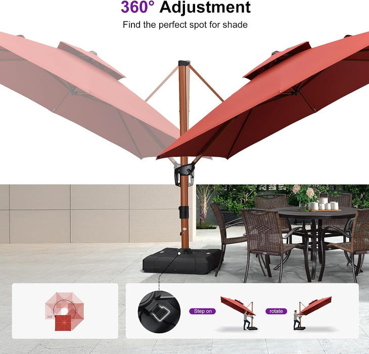 Patio Umbrella 10Ft Double Top Wood-Grain Finish, Brick Red