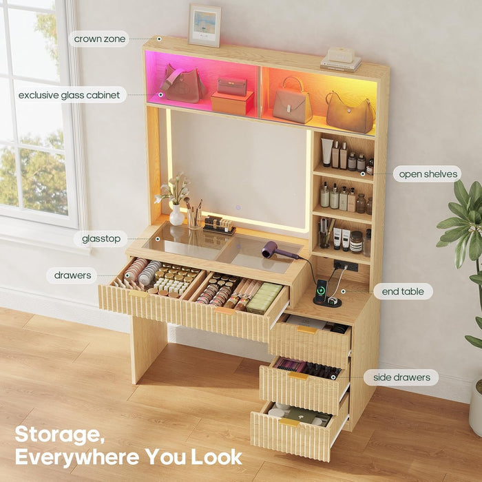 Oak Luxurious Vanity Desk With Mirror Illumination