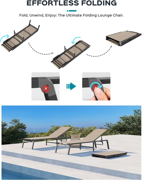 Foldable Outdoor Lounge Chair, No Assembly Patio Chaise Lounge Outdoor with 5-Positions, Aluminum Pool Lounge Chair with Portable Design for Pool, Deck, Beach, Backyard, Beige
